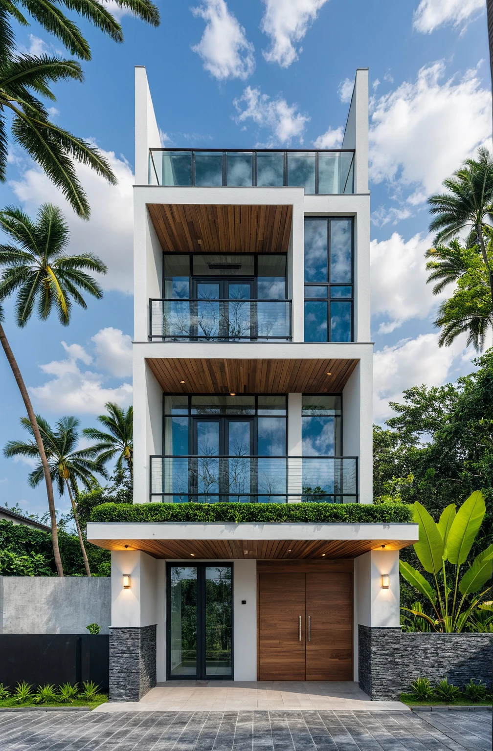 house exterior, modern style, colorful wall, dark granite wall, white ceiling, glass door, glass window, (actual: 1.2), Masterpiece, high quality, best quality, Realistic, super detailed, outdoor, road, sidewalk, grass, trees, sky, clouds, (daylight:1.1)