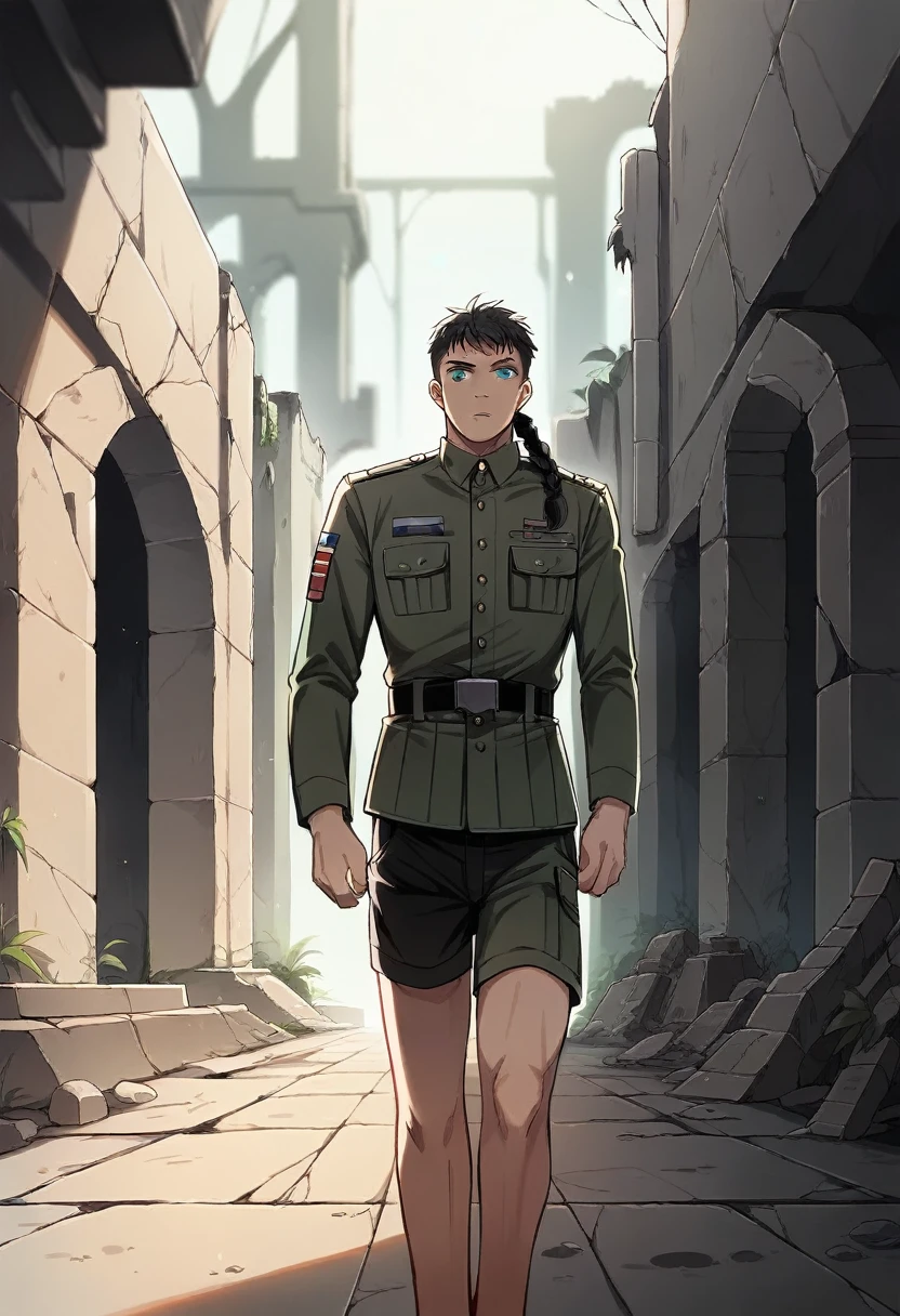 ((masterpiece)), (bestquality), ((ultra-detailed)), depth of field, (dynamic angle),detailed lighting, (beautiful detailed blue eyes), 1woman, ((voluminous long black hair styled into one single long braid down to her waist)), tomboy, ((Walking through the ruins of a modern city, wearing a military suit and shorts)), perfect Body, medium bust,