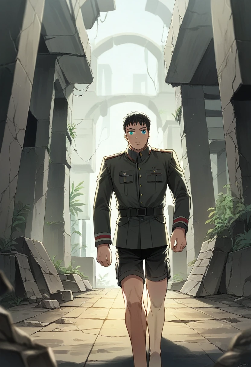 ((masterpiece)), (bestquality), ((ultra-detailed)), depth of field, (dynamic angle),detailed lighting, (beautiful detailed blue eyes), 1woman, ((voluminous long black hair styled into one single long braid down to her waist)), tomboy, ((Walking through the ruins of a modern city, wearing a military suit and shorts)), perfect Body, medium bust,