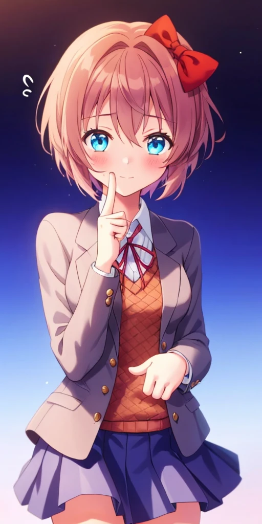 one girl, Sayori, DDLC, school blazer, hair bow, close to girl, too gentle, blue eyes, beautiful, skirt, cowboy shot, (clumsy girl), cartoon, girl often make mistakes, shy, cute, touch her tip of right index fingers with her left one