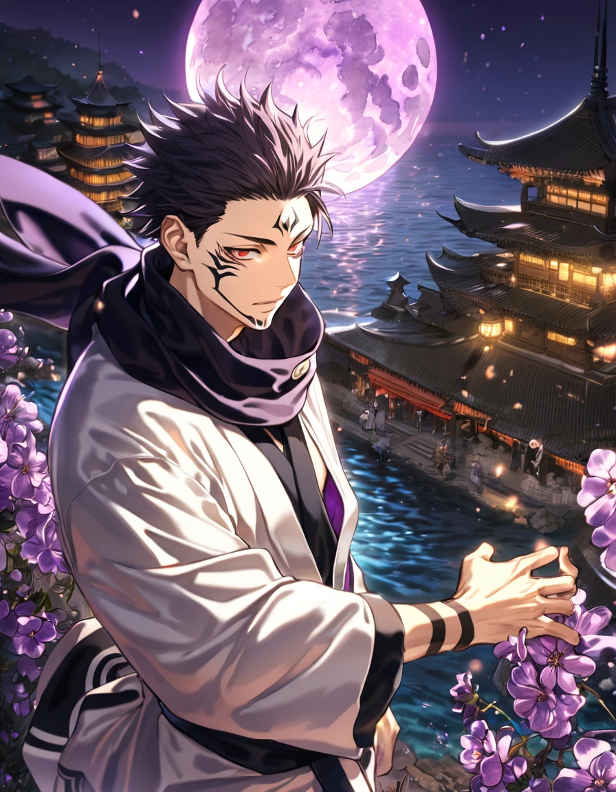 absurdres, highres, ultra detailed, HDR, masterpiece, best quality, Ryomen Sukuna, black hair, expressive red eyes, Jujutsu Kaisen, solo, sexy man, handsome, black scarf, white kimono, water, purple moon, purple blossoms, purple flowers, fantasy, fireflies, magical