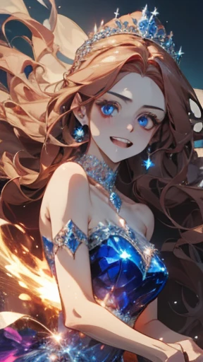A princess laughing joyfully, detailed face, blue eyes, glowing red dress, very long hair, flying hair, magical, high resolution, masterpiece