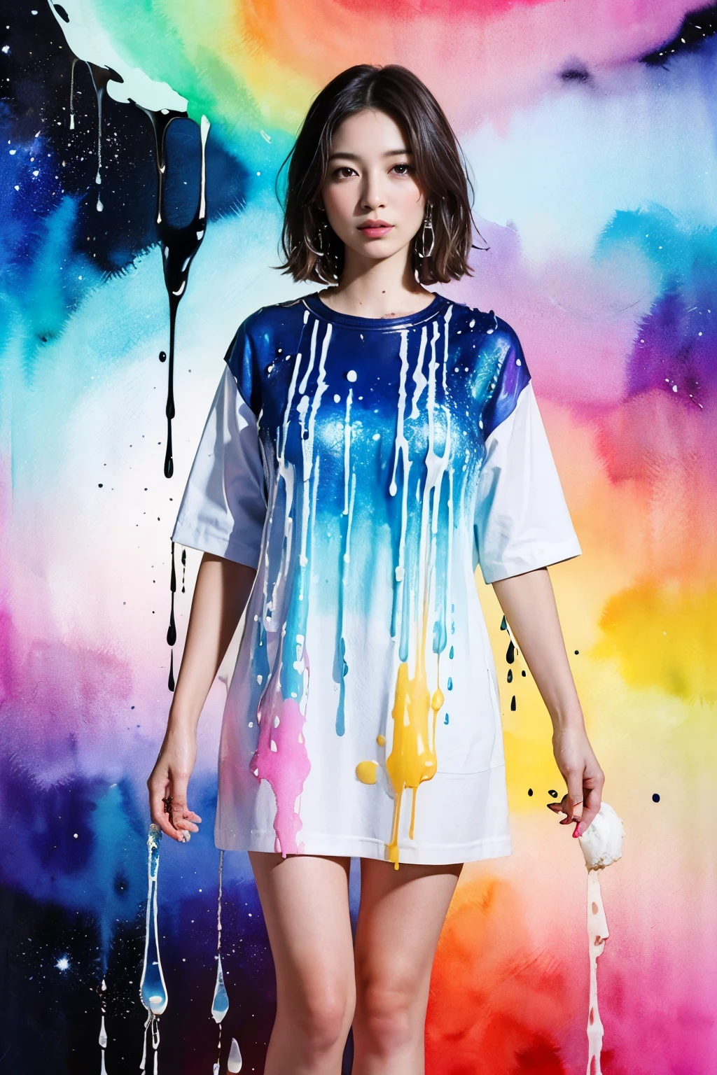 ((masterpiece:1.4, Highest quality)), (Photorealism), (watercolor background), (Artwork), ((1 Girl)), (Bright design), (Space and galaxy pastel colors), (Ink splashes and drips:1.5), (Fusion with the world of Kandinsky:0.5), (looking at viewer)