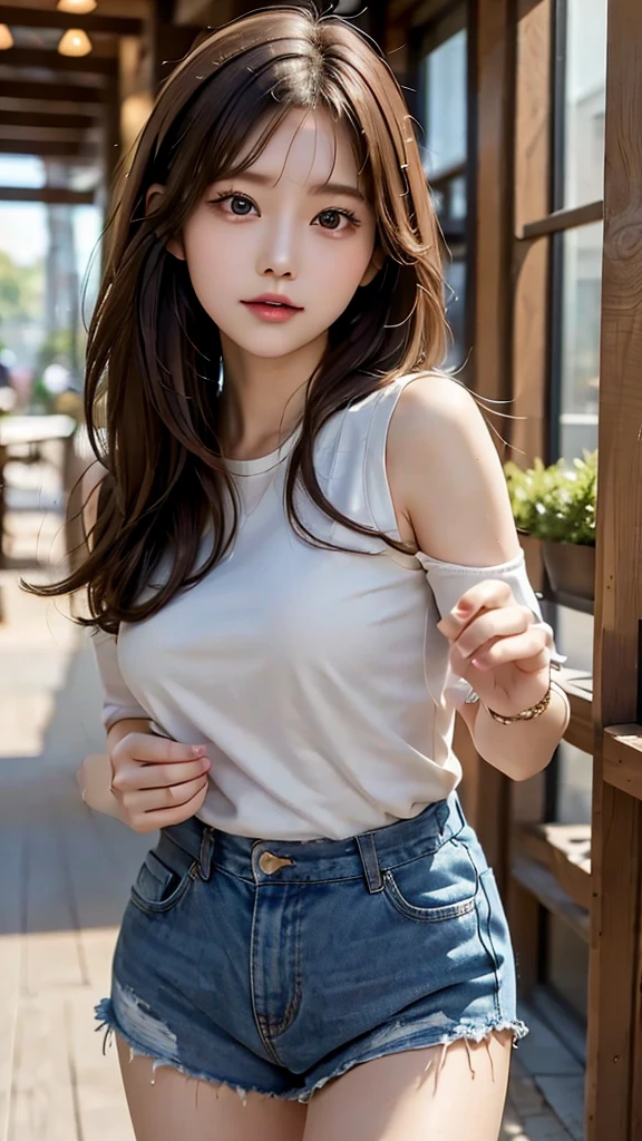 Highest quality、Highest quality、Highest pixels、Brown Hair、long hair、masterpiece、8K.Big breasted、See details. Ultra-high resolution. Very short shorts. Japanese、One young woman、Sporty clothes、running