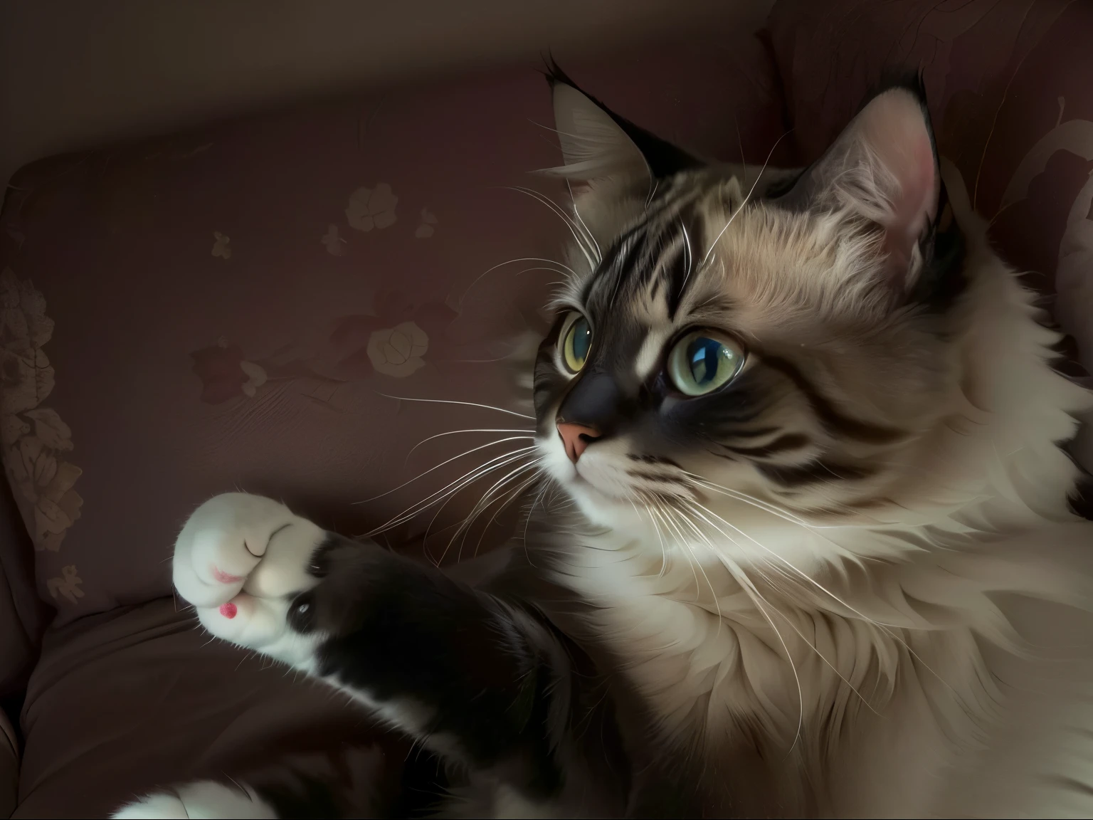There is a cat sitting on the sofa,Paws up, cat plush, Look away from the camera, Look away from the camera, Shot with Sony Alpha 9, looking to the side off camera, Looking at the camera, 抬头Looking at the camera, Photo of a cat, a cat plush windsurfing, Striking a playful pose