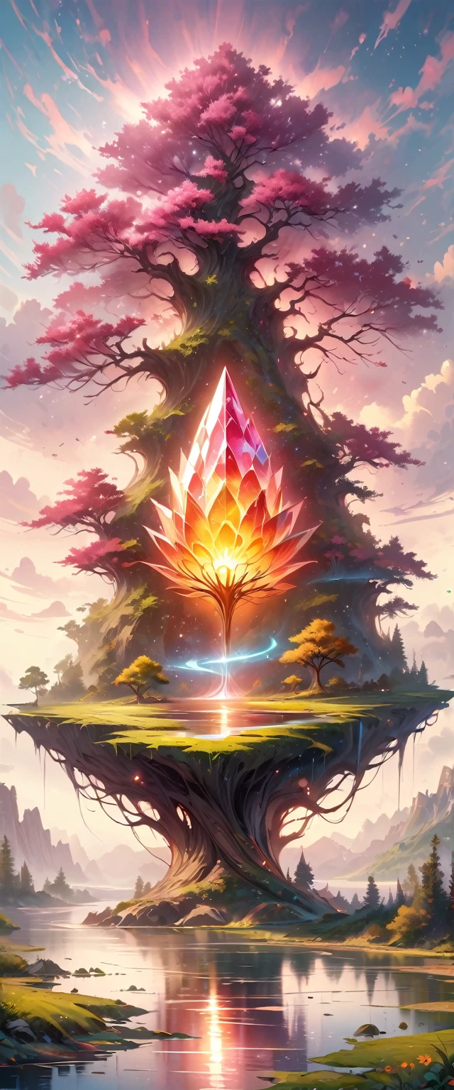 Illustration of a hyperrealistic , Otherworldly, Ultra Sky Scene，Features a giant crystal tree,Very detailed and magical lighting, Intricate forest details, Surrounding vegetation and rivers, Solar Punk ,landscape, Giant Tree, Beautiful leaves，Beautiful lighting and realistic proportions, Just like the background, 8K, best quality, masterpiece, Clouds and stars in the sky.
