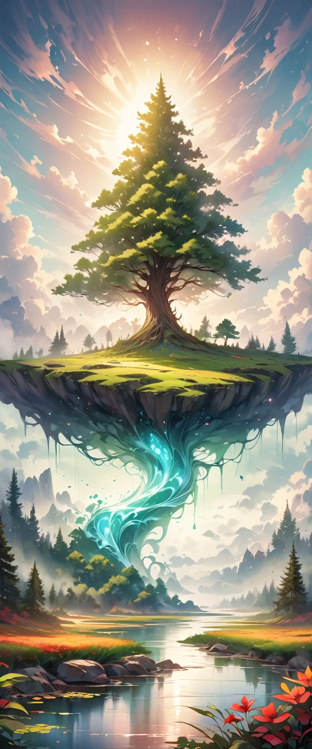 Illustration of a hyperrealistic , Otherworldly, Ultra Sky Scene，Features a giant crystal tree,Very detailed and magical lighting, Intricate forest details, Surrounding vegetation and rivers, Solar Punk ,landscape, Giant Tree, Beautiful leaves，Beautiful lighting and realistic proportions, Just like the background, 8K, best quality, masterpiece, Clouds and stars in the sky.