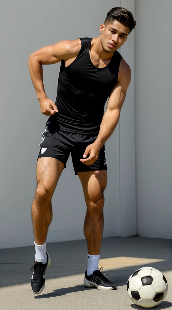 handsome guy, athletic build, Peruvian nationality, in move, one leg is bent and kicks a soccer ball, one foot is on the ground, full length, semi-sideways, wearing a white sleeveless tank top and black shorts, Excellent quality, Photo, excellent dentalization, high quality