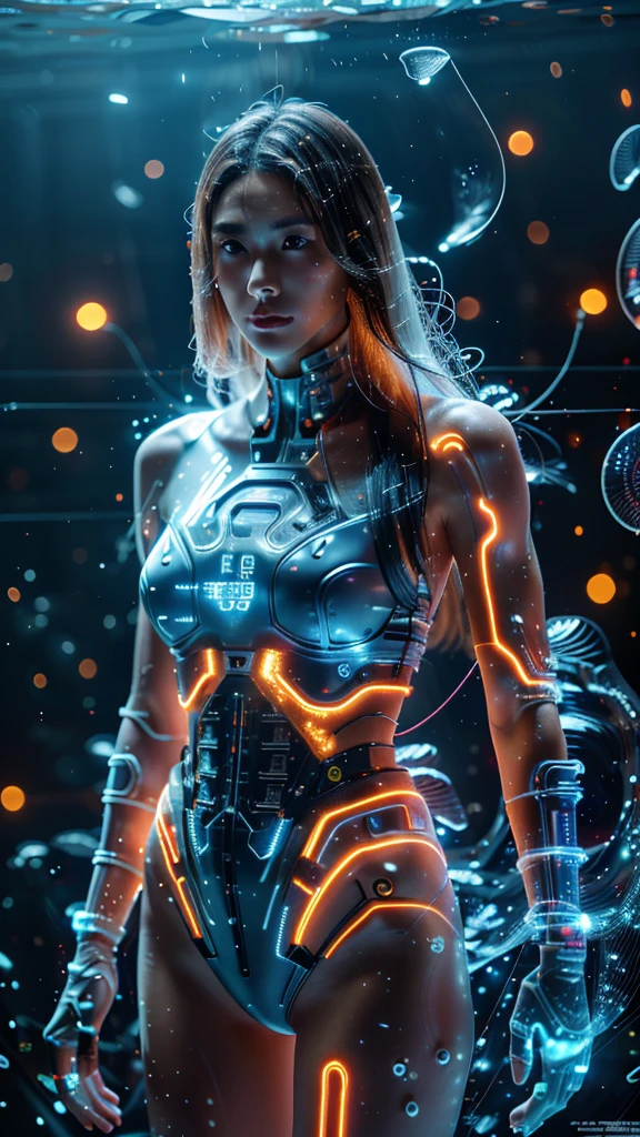 8K,RAW Photos,Highest quality,masterpiece,reality,reality的,woman,Android,cyborg,Machine-made body,20-year-old,Glamour,whole body,Long legs,The bones of electronics,Clear skin,Glass skin,(Visible electronic systems inside the body),A tube with glowing internal organs,Many connecting lines,whole bodyに光るチューブ,Glowing wires are connected,Machine-made body,Wet body,Grey long hair,Wet Hair,Messy Hair,double eyelid,Glowing LED lamp,Advanced AI, Seamless integration of organic and mechanical elements,息を呑むほど美しいwoman型ヒューマノイドcyborgAndroid,Neon Background,white,transparent,In the waterで,Big Bubbles,Glowing Cybernetic Implants,future,Glamour,Large Breasts,live-action,Face illuminated by light,((underwater,In the water)),glowing body,