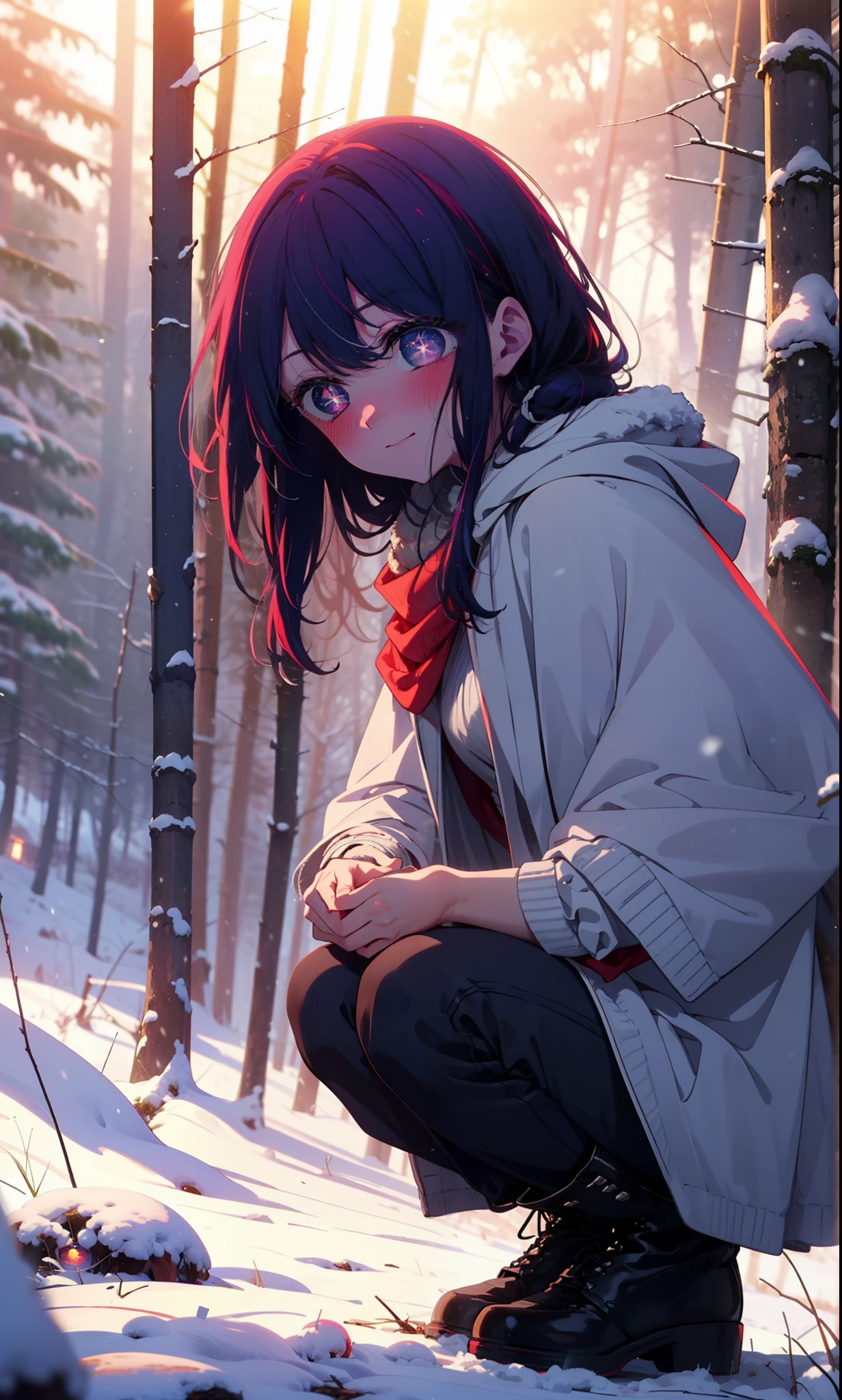 aihoshino, Ai Hoshino, Long Hair, bangs, (Purple eyes:1.1), Purple Hair, (Symbol-shaped pupil:1.5), smile,,smile,blush,White Breath,
Open your mouth,snow,Ground bonfire, Outdoor, boots, snowing, From the side, wood, suitcase, Cape, Blurred, , forest, White handbag, nature, Squat, Mouth closed, Cape, winter, Written boundary depth, Black shoes, red Cape break looking at viewer, Upper Body, whole body, break Outdoor, forest, nature, break (masterpiece:1.2), Highest quality, High resolution, unity 8k wallpaper, (shape:0.8), (Beautiful and beautiful eyes:1.6), Highly detailed face, Perfect lighting, Extremely detailed CG, (Perfect hands, Perfect Anatomy),