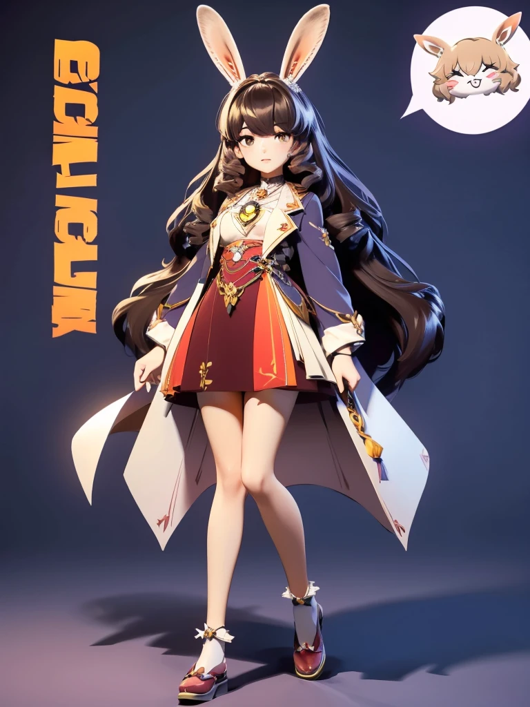 hair divided on half, Seizo Watase style, Simple Line Initialism，Abstract art, 3d character,  ,(((The most beautiful girl of all time))),  (full body 1.2), only girl, long hair, , full body, (((8k))), (((3d)), dark brown hair, mane of white rabbit ears, 