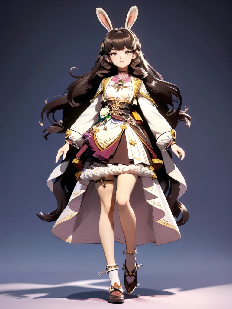 hair divided on half, Seizo Watase style, Simple Line Initialism，Abstract art, 3d character,  ,(((The most beautiful girl of all time))),  (full body 1.2), only girl, long hair, 17 year old, full body, (((8k))), (((3d)), dark brown hair, mane of white rabbit ears, 