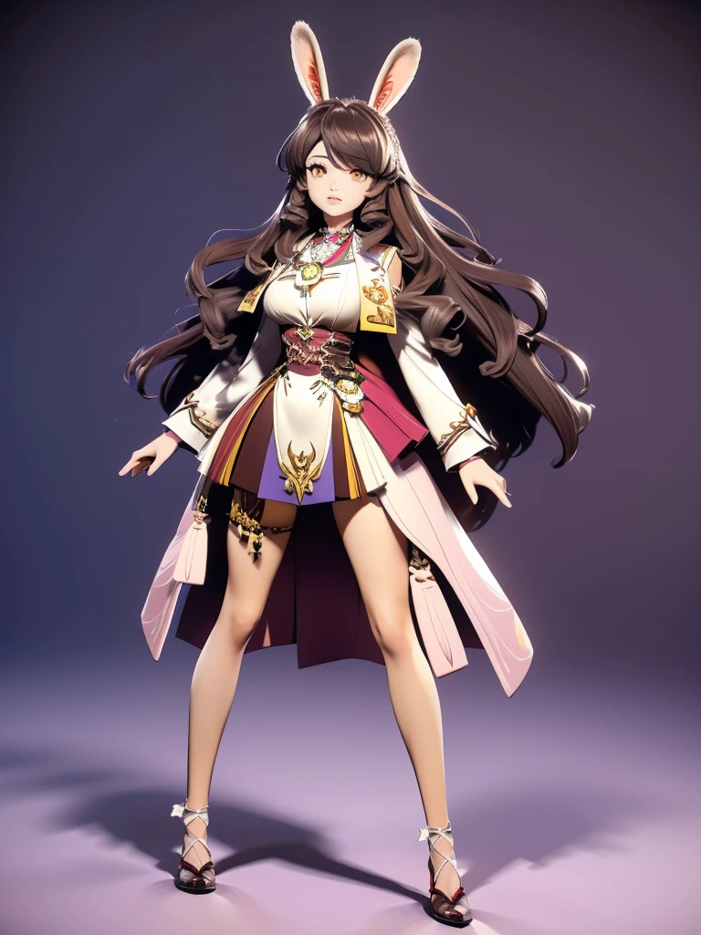 hair divided on half, Seizo Watase style, Simple Line Initialism，Abstract art, 3d character,  ,(((The most beautiful girl of all time))),  (full body 1.2), only girl, long hair, 17 year old, full body, (((8k))), (((3d)), dark brown hair, mane of white rabbit ears, 