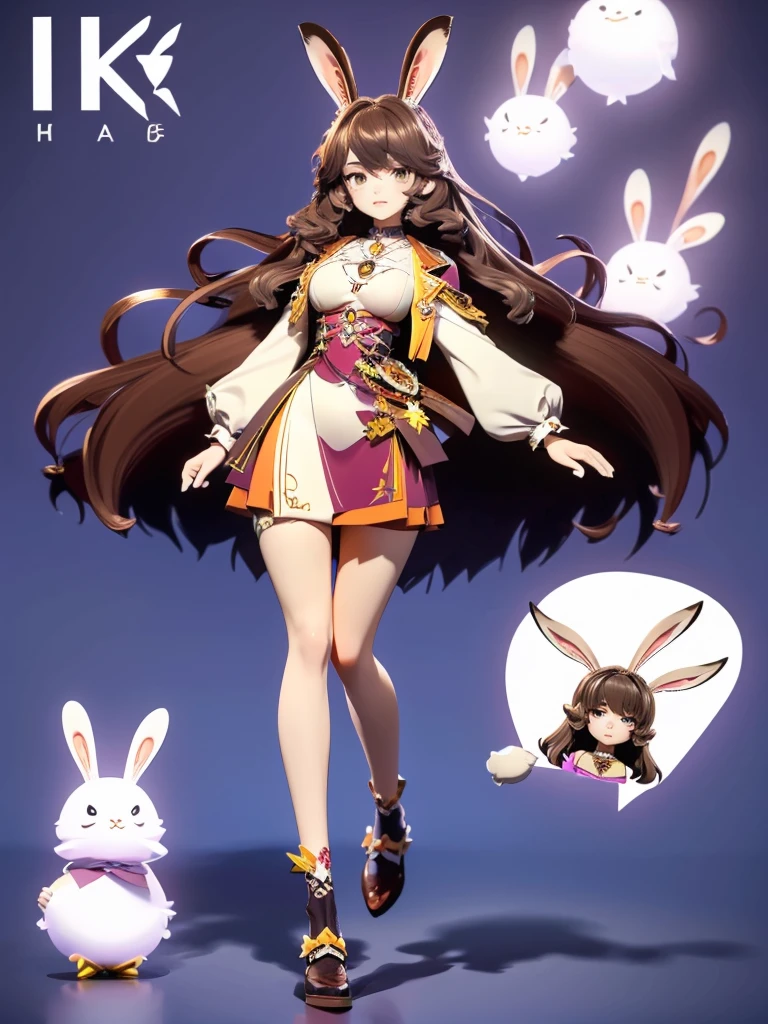 hair divided on half, Seizo Watase style, Simple Line Initialism，Abstract art, 3d character,  ,(((The most beautiful girl of all time))),  (full body 1.2), only girl, long hair, , full body, (((8k))), (((3d)), dark brown hair, mane of white rabbit ears, 