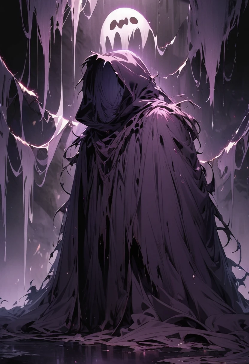 a extremely detailed dark purple cloak that is tattered and made of a ghostly material