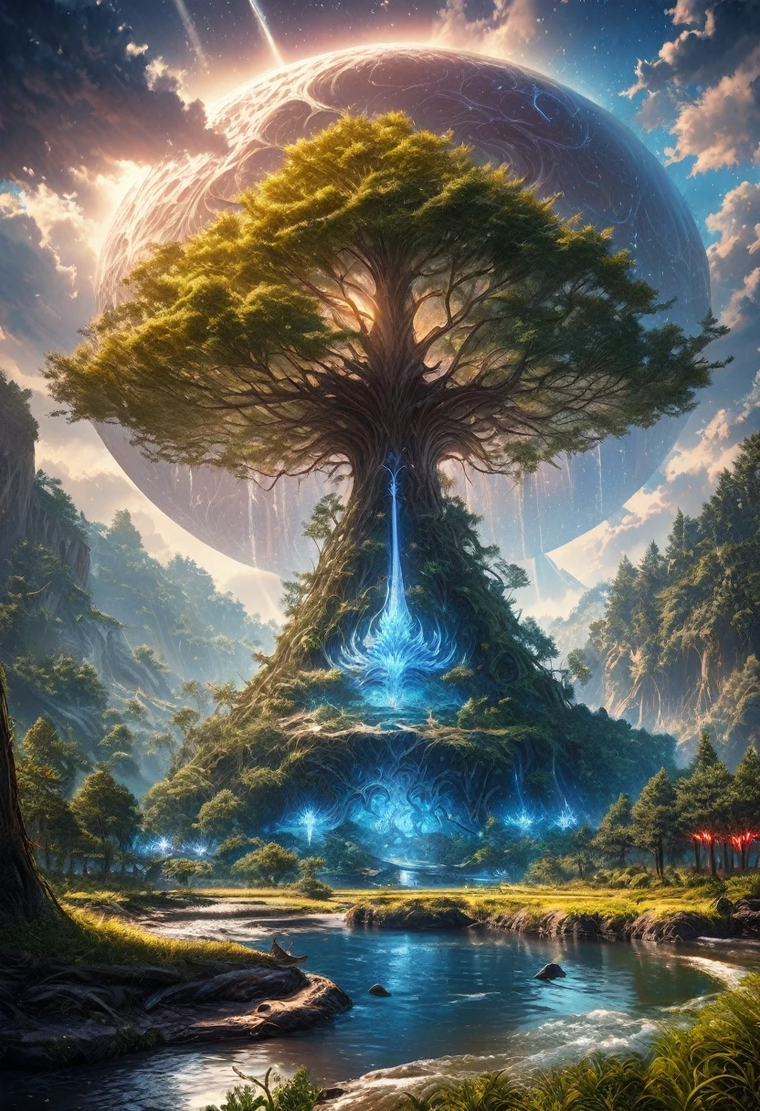 Illustration of a hyperrealistic , Otherworldly, Ultra Sky Scene,Features a giant crystal tree,Very detailed and magical lighting, Intricate forest details, Surrounding vegetation and rivers, Solar Punk ,landscape, Giant Tree, Beautiful leaves,Beautiful lighting and realistic proportions, Just like the background, 8K, best quality, masterpiece, Clouds and stars in the sky.