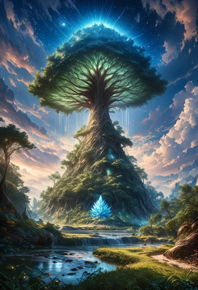 Illustration of a hyperrealistic , Otherworldly, Ultra Sky Scene,Features a giant crystal tree,Very detailed and magical lighting, Intricate forest details, Surrounding vegetation and rivers, Solar Punk ,landscape, Giant Tree, Beautiful leaves,Beautiful lighting and realistic proportions, Just like the background, 8K, best quality, masterpiece, Clouds and stars in the sky.