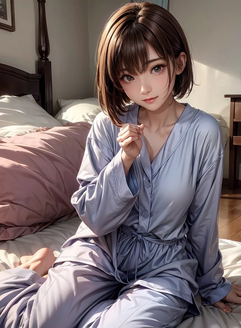 Cute 21 year old Japanese、night、on the bed、Sweat Pajamas、Cute colorful pajamas、Super detailed face、Attention to detail、Double eyelids、Beautiful and slender nose、Clear focus:1.2、beauty:1.4、(Light brown hair、short hair、White skin、best quality、masterpiece、Ultra-high resolution、(Photorealism:1.4)、