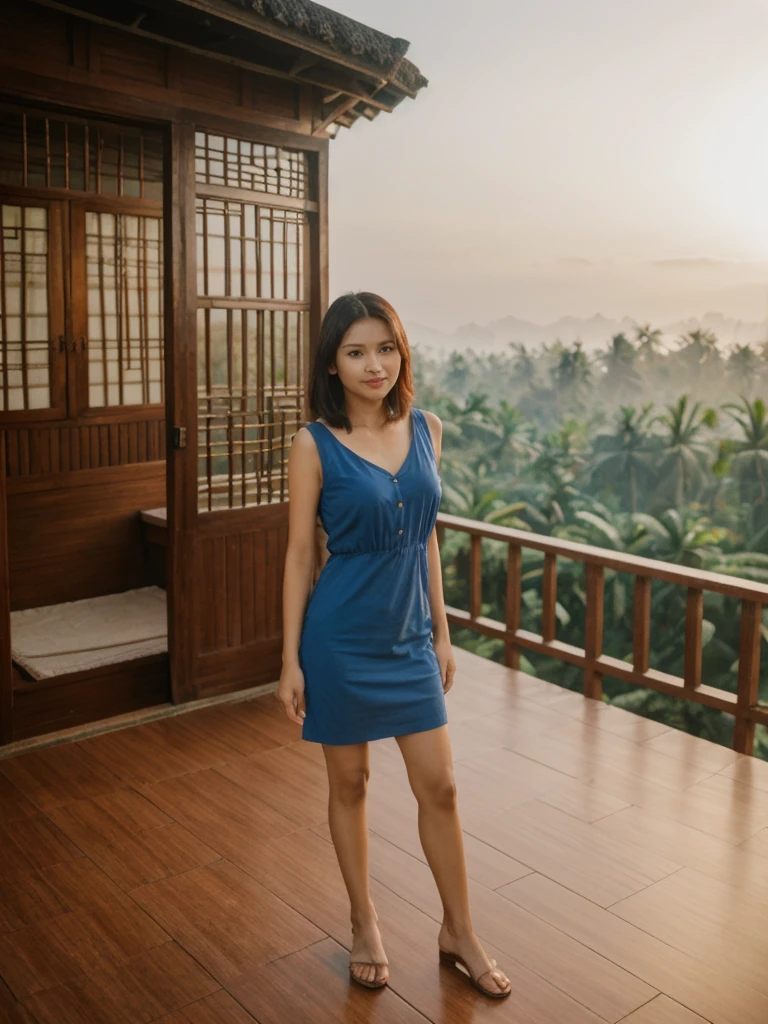 Mina, 1girl, solo, realistic, photorealistic, high quality picture, 8k, high resolution, detailed quality, film grain, natural photo, ultrarealistic, (((25-years-old))), ((detailed wrinkles in her face)), FILIPINA, (Background: Indonesian), (((SLIM))), ((THIN)), (Slender) (Auburn Short hair)), come hither look, fully clothed, Pose: standing, ((standing on her patio in her house in Indonesia)), sunrise, full shot