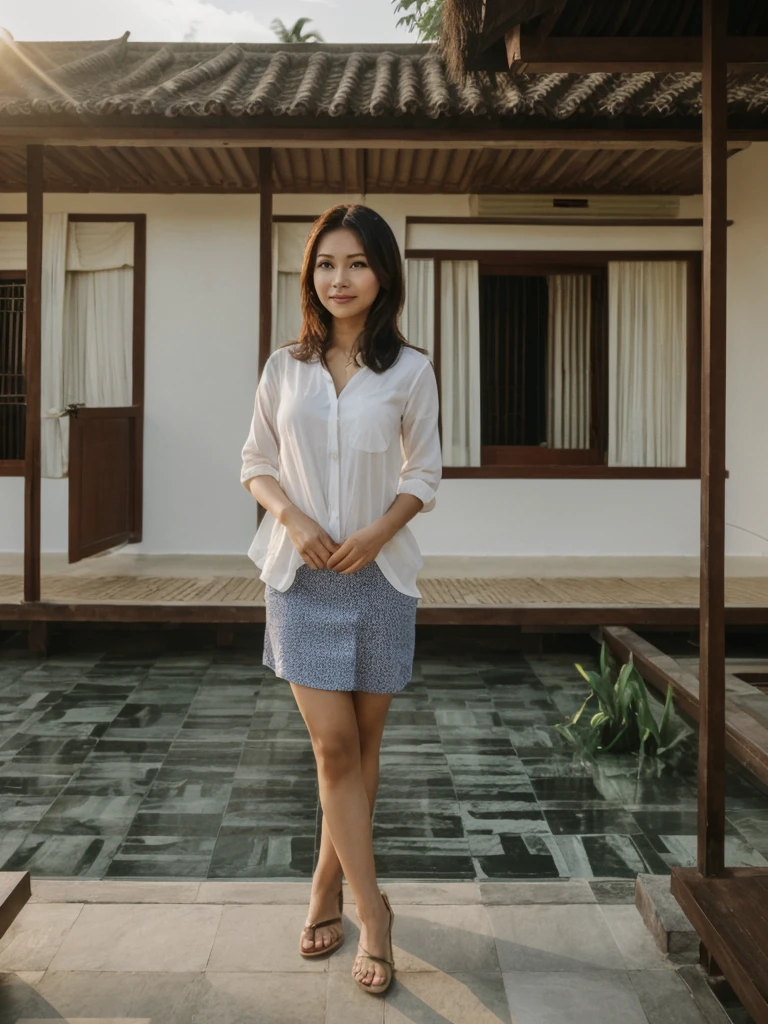 Mina, 1girl, solo, realistic, photorealistic, high quality picture, 8k, high resolution, detailed quality, film grain, natural photo, ultrarealistic, (((25-years-old))), ((detailed wrinkles in her face)), FILIPINA, (Background: Indonesian), (((SLIM))), ((THIN)), (Slender) (Auburn Short hair)), come hither look, fully clothed, Pose: standing, ((standing on her patio in her house in Indonesia)), sunrise, full shot