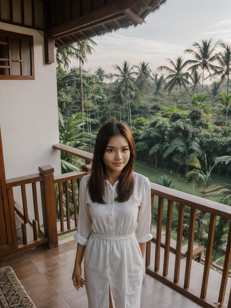 Mina, 1girl, solo, realistic, photorealistic, high quality picture, 8k, high resolution, detailed quality, film grain, natural photo, ultrarealistic, (((25-years-old))), ((detailed wrinkles in her face)), FILIPINA, (Background: Indonesian), (((SLIM))), ((THIN)), (Slender) (Auburn Short hair)), come hither look, fully clothed, Pose: standing, ((standing on her patio in her house in Indonesia)), sunrise, full shot