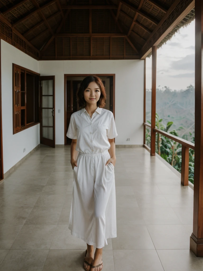 Mina, 1girl, solo, realistic, photorealistic, high quality picture, 8k, high resolution, detailed quality, film grain, natural photo, ultrarealistic, (((25-years-old))), ((detailed wrinkles in her face)), FILIPINA, (Background: Indonesian), (((SLIM))), ((THIN)), (Slender) (Auburn Short hair)), come hither look, fully clothed, Pose: standing, ((standing on her patio in her house in Indonesia)), sunrise, full shot