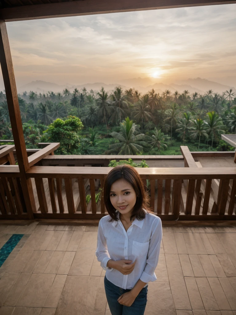 Mina, 1girl, solo, realistic, photorealistic, high quality picture, 8k, high resolution, detailed quality, film grain, natural photo, ultrarealistic, (((25-years-old))), ((detailed wrinkles in her face)), FILIPINA, (Background: Indonesian), (((SLIM))), ((THIN)), (Slender) (Auburn Short hair)), come hither look, fully clothed, Pose: standing, ((standing on her patio in her house in Indonesia)), sunrise, full shot