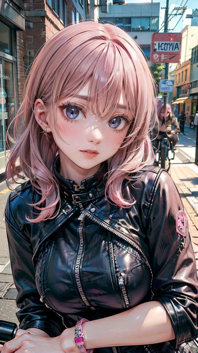 (Masterpiece, BestQuality:1.3), (ultra detailed:1.2), (hyperrealistic:1.3), (RAW photo:1.2), High detail RAW color photo, professional photograph, (Photorealistic:1.4), (realistic:1.4), (Pink Hair:1.5), professional lighting, perfect anatomy, (Big Breasts:1.2), (blush, detailed face), (A happy smile:1.7), sexly, erotic sexly, Random sexy gravure poses, (Beautiful woman in a black leather jacket、Stud Bracelets、Urban street in the background、Leaning provocatively on the bike。:1.3)