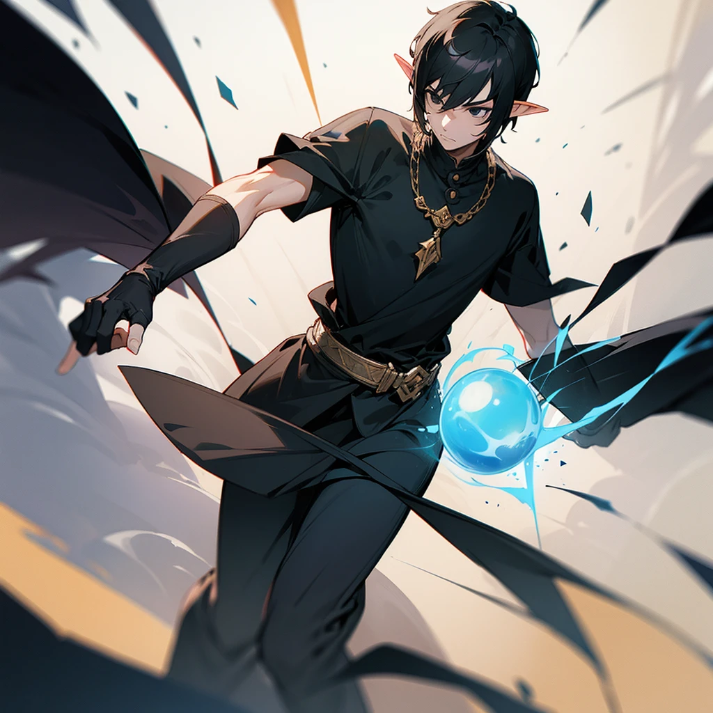 A man with short hair, black hair, black eyes, black shirt, elf race, is a wizard.