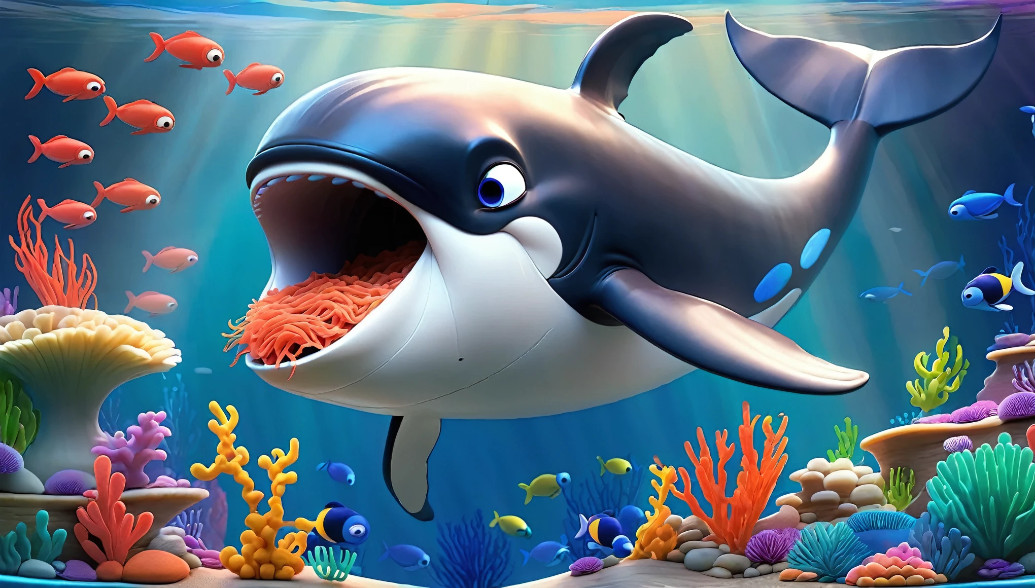 Create a 3-D Pixar style art scene for kids featuring a whale eating krill with lots of tiny shrimp-like creatures around it. The scene should be colorful and vibrant, with an ocean background, coral reefs, and schools of fish. The overall mood should be engaging and inviting for young children.