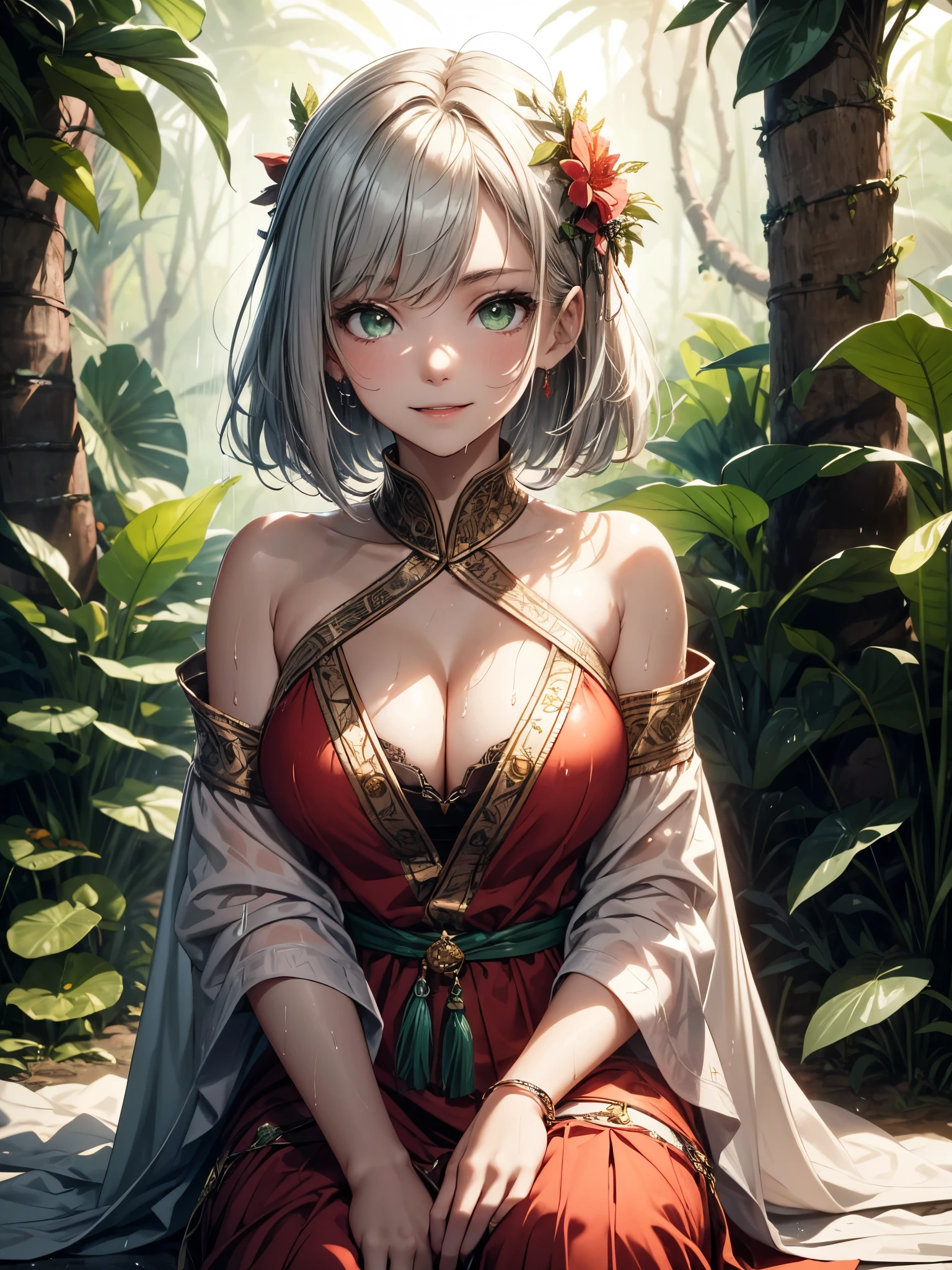 Tia is shown to have a fairly slender figure. She has white-grey hair , she has short hair and large pale green eyes, young girl dressed as an Indian, wearing a colorful dress decorated with Indian embroideries and natural embellishments, made of leather or rough cloth. The girl sits on a large tree in a corner of the rainforest, which is characterized by its stunning views and abundant greenery. Heavy rain can be seen falling over her, as drops of water fall on her face and body, and her wet hair strands are delicately tangled around her. The girl seems calm and at ease in the nature of her innocent surroundings, enjoying the splendor of the forest and the sounds of falling rain playing a delicate and magical melodies. Her face shows a vibrant smile of joy and happiness., cleavage exposed, big breasts, superior quality, many details, Puri focus Sharp and realistic sultry look, seductive,
