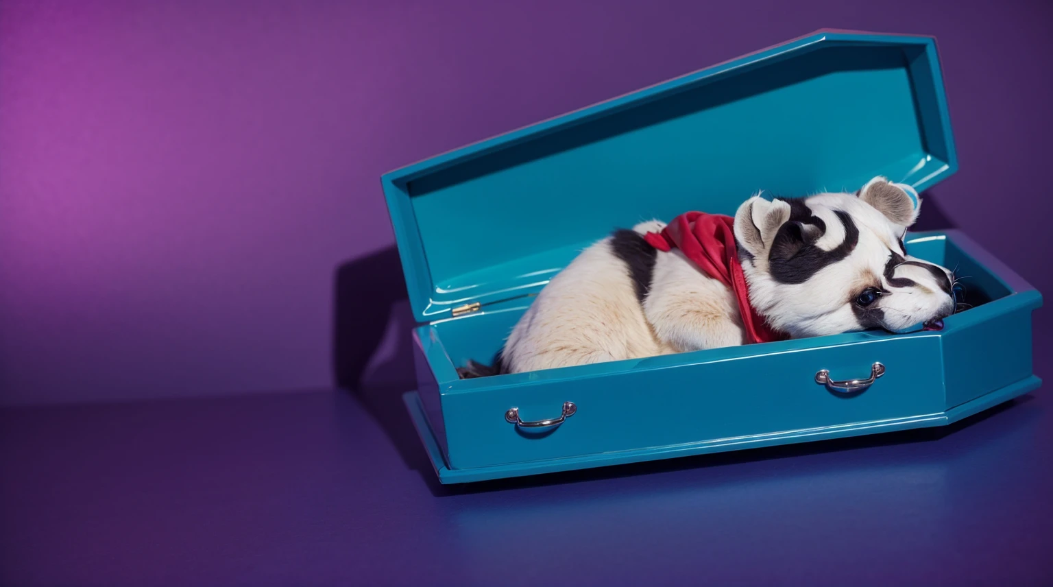 glossy room This image features a whimsical scene with a stuffed raccoon lying peacefully inside a bright blue coffin. glossy roomThe raccoon is adorned in a red scarf and white headphones, glossy roomadding a playful contrast to its black and white fur. The background is a vibrant purple, glossy roomenhancing the surreal and colorful aesthetic of the setting. glossy roomThe coffin’s vibrant blue color adds a vivid pop against the purple backdrop, creating a visually striking and imaginative composition.glossy room