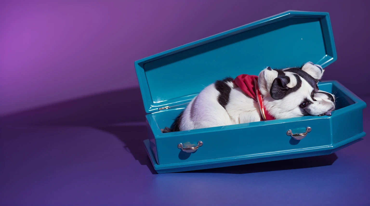 glossy room This image features a whimsical scene with a stuffed raccoon lying peacefully inside a bright blue coffin. glossy roomThe raccoon is adorned in a red scarf and white headphones, glossy roomadding a playful contrast to its black and white fur. The background is a vibrant purple, glossy roomenhancing the surreal and colorful aesthetic of the setting. glossy roomThe coffin’s vibrant blue color adds a vivid pop against the purple backdrop, creating a visually striking and imaginative composition.glossy room