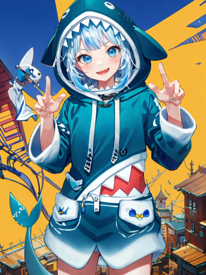 masterpiece, best quality, ultra-detailed, absurdres, colorful, gawr gura, detailed eyes, wide-eyed, eyelashes, looking at viewer, cowboy shot, (blue background:0.9), (standing:0.7), blue hoodie, shark tail, sharp teeth, claw pose, hood up, (Smiley Face:1.0), pockets, hands up，Neon，Board background