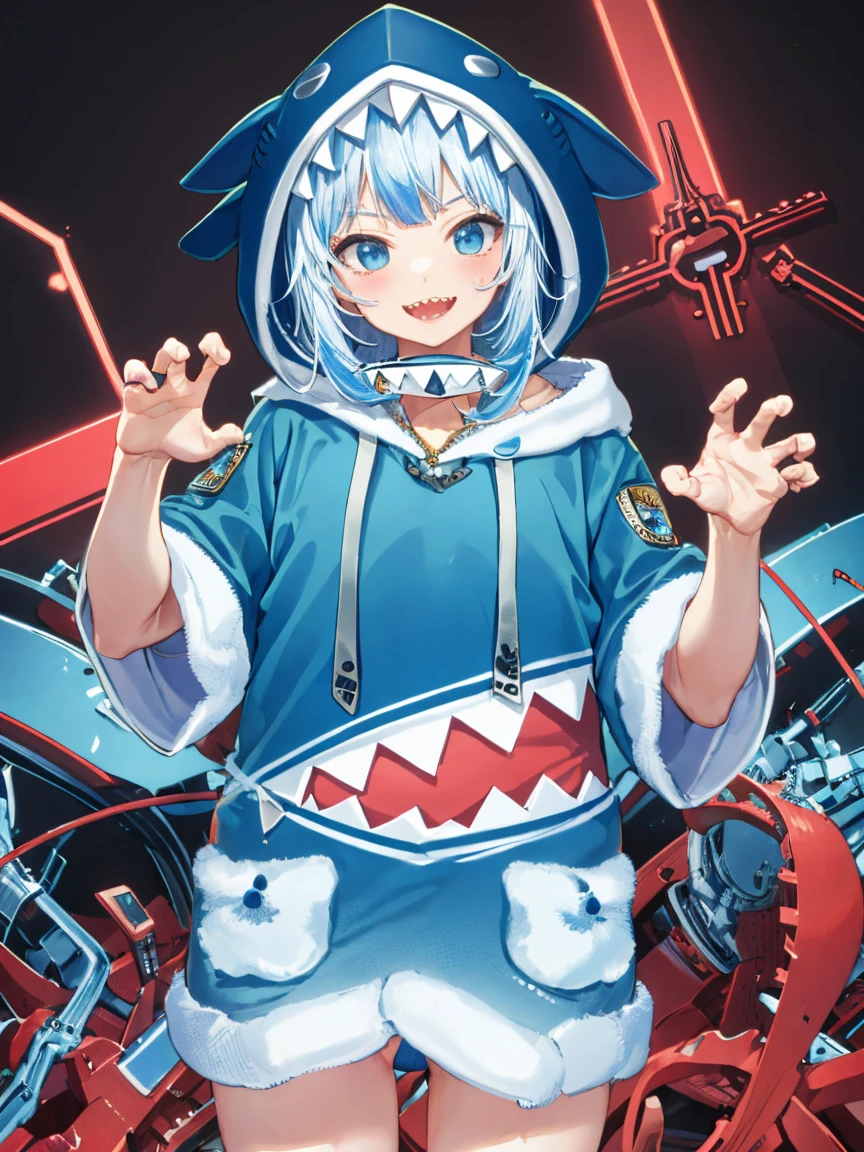 masterpiece, best quality, ultra-detailed, absurdres, colorful, gawr gura, detailed eyes, wide-eyed, eyelashes, looking at viewer, cowboy shot, (blue background:0.9), (standing:0.7), blue hoodie, shark tail, sharp teeth, claw pose, hood up, (Smiley Face:1.0), pockets, hands up，Neon，Board background