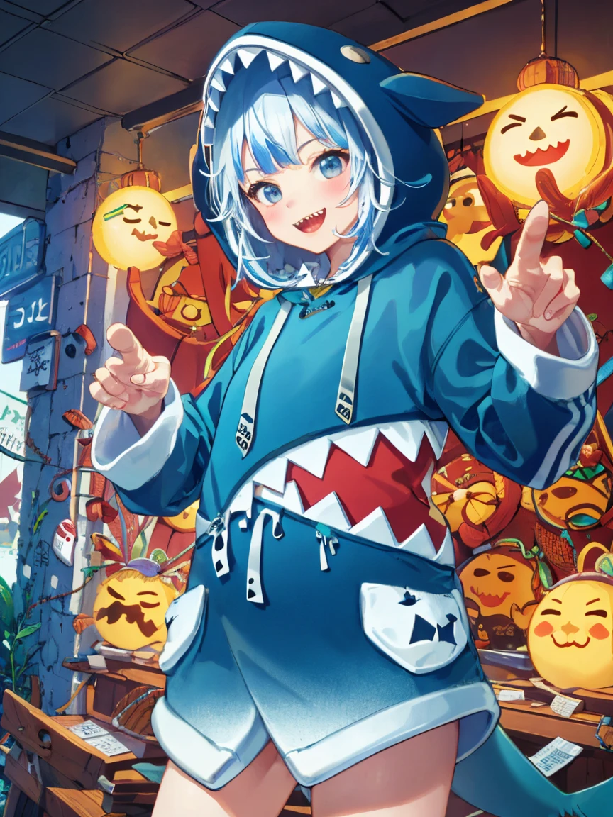 masterpiece, best quality, ultra-detailed, absurdres, colorful, gawr gura, detailed eyes, wide-eyed, eyelashes, looking at viewer, cowboy shot, (blue background:0.9), (standing:0.7), blue hoodie, shark tail, sharp teeth, claw pose, hood up, (Smiley Face:1.0), pockets, hands up，Neon，Board background