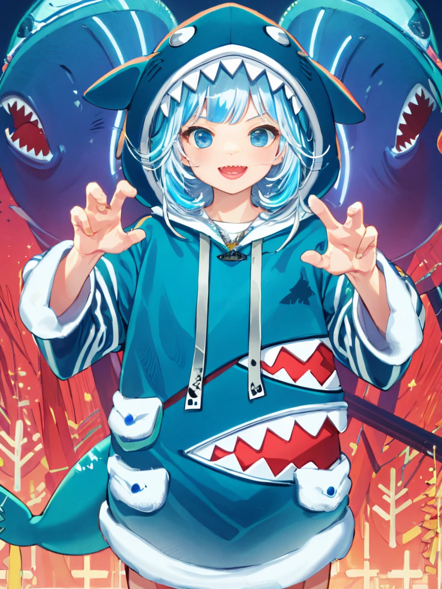 masterpiece, best quality, ultra-detailed, absurdres, colorful, gawr gura, detailed eyes, wide-eyed, eyelashes, looking at viewer, cowboy shot, (blue background:0.9), (standing:0.7), blue hoodie, shark tail, sharp teeth, claw pose, hood up, (Smiley Face:1.0), pockets, hands up，Neon，Board background