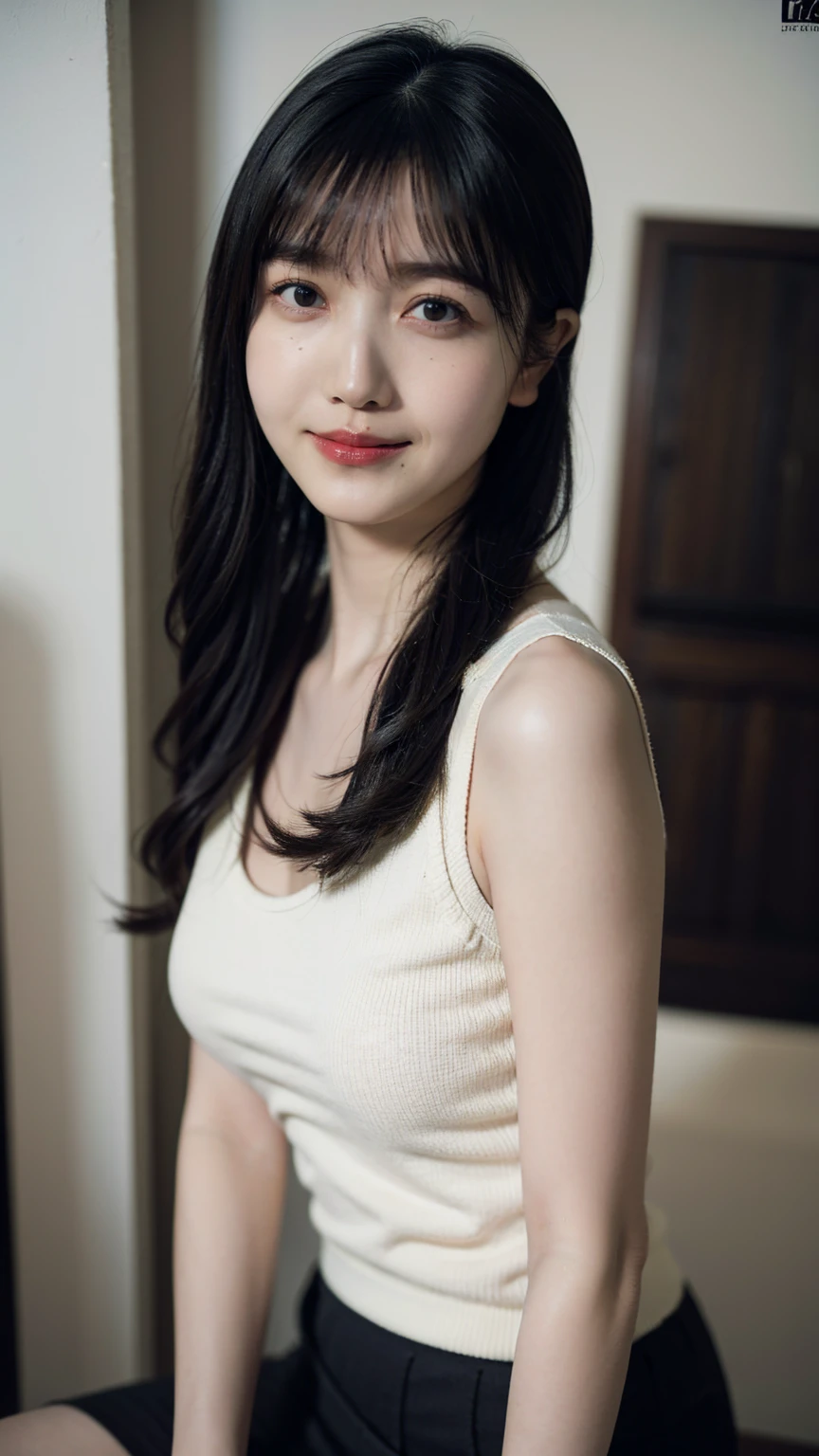 1girl, woman, masterpiece, best quality, highest quality, cinematic lighting, (volumetric lighting), extremely detailed CG unity 8k wallpaper, focused, 8k wallpaper, extremely detailed, ultra realistic, photorealistic, sharp focus, absurdres, (HDR:1.2), (high contrast), photograph, detailed and intricate, instagram, portrait, highly detailed, digital painting, artstation, concept art, smooth, sharp focus, illustration, cinematic lighting, (natural big breast), knit tank top, black short skirt, eyes looking at the viewer, ((skinny body)), (height:164cm), (Skin texture is natural), (smile), (aerial shot).