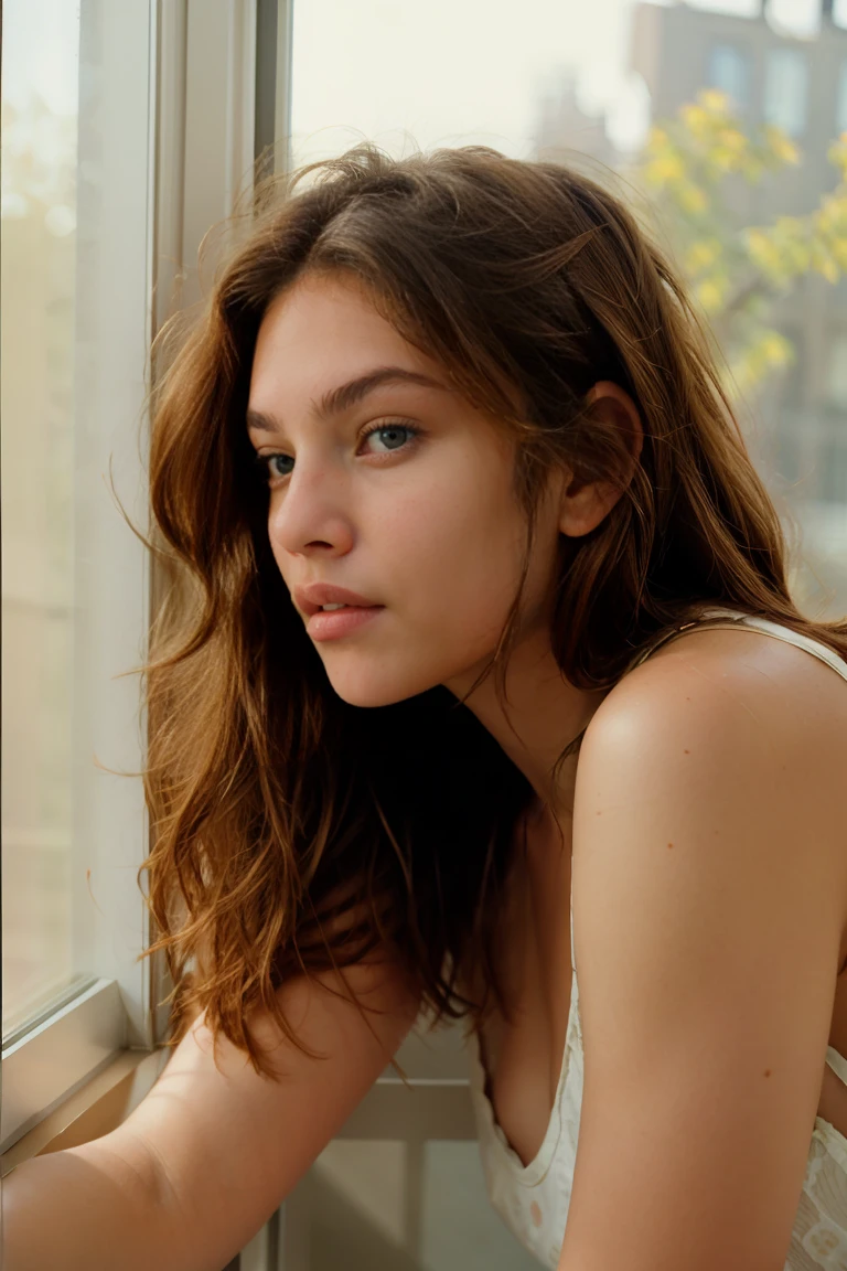 portrait of thylane, brown hair, laying on bad, side profile, partly light from window low key art pose, 35mm film photography, 