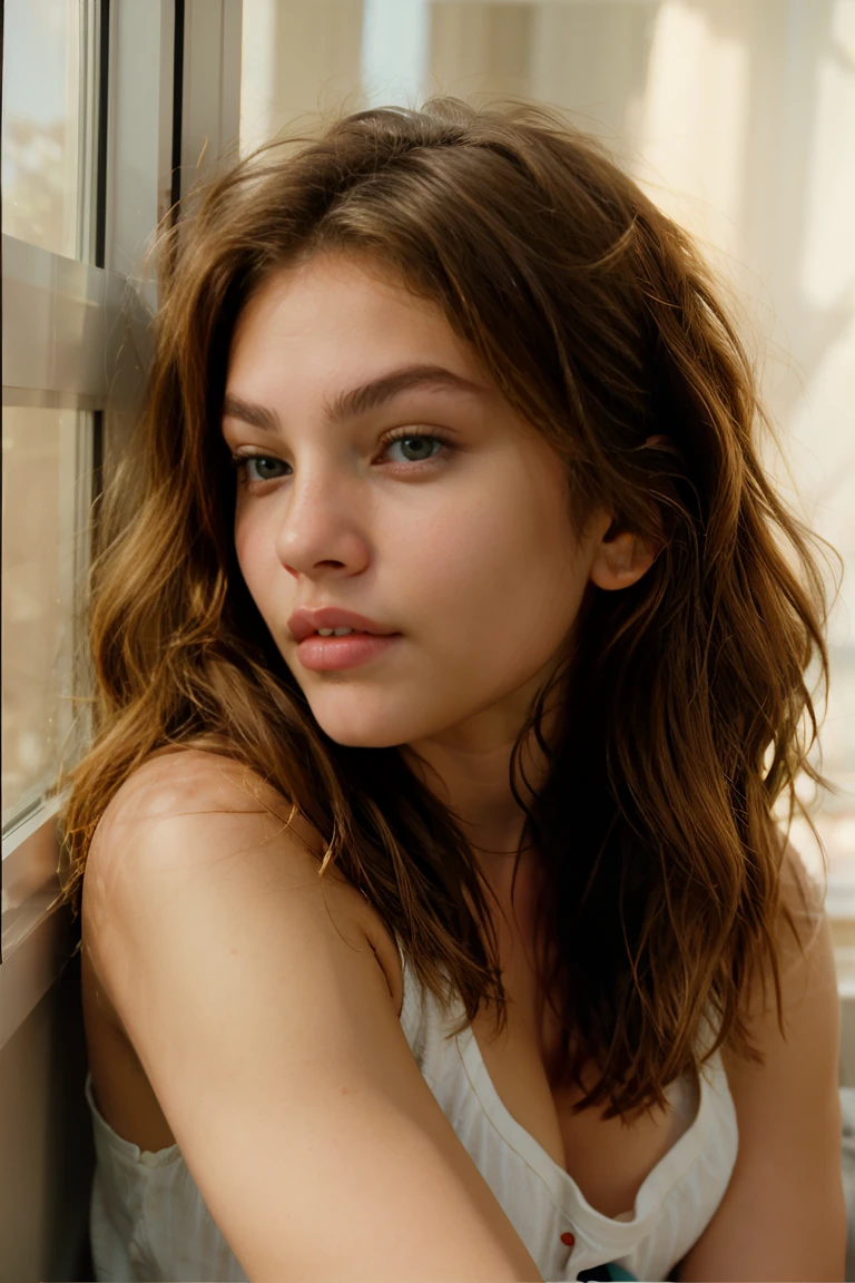 portrait of thylane, brown hair, laying on bad, side profile, partly light from window low key art pose, 35mm film photography, 