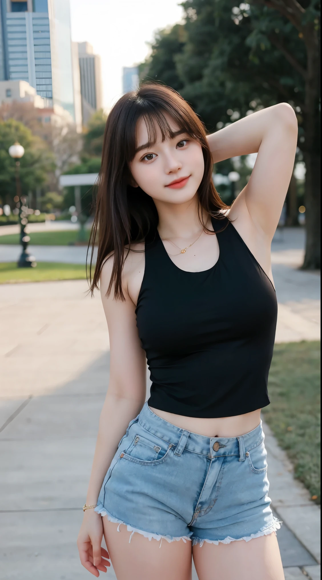 Gorgeus Girl, Beautiful, , 20 Years Old, White Skin, Beside, Sexy Pose, wearing black tank top, Bokeh, park Background, Masterpiece, asking for a hug, full body Shot