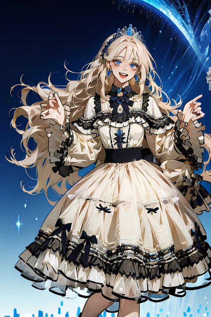 A princess laughing joyfully, detailed face, blue eyes, bioluminescent red dress, very long hair, flying hair, magical, high resolution, masterpiece