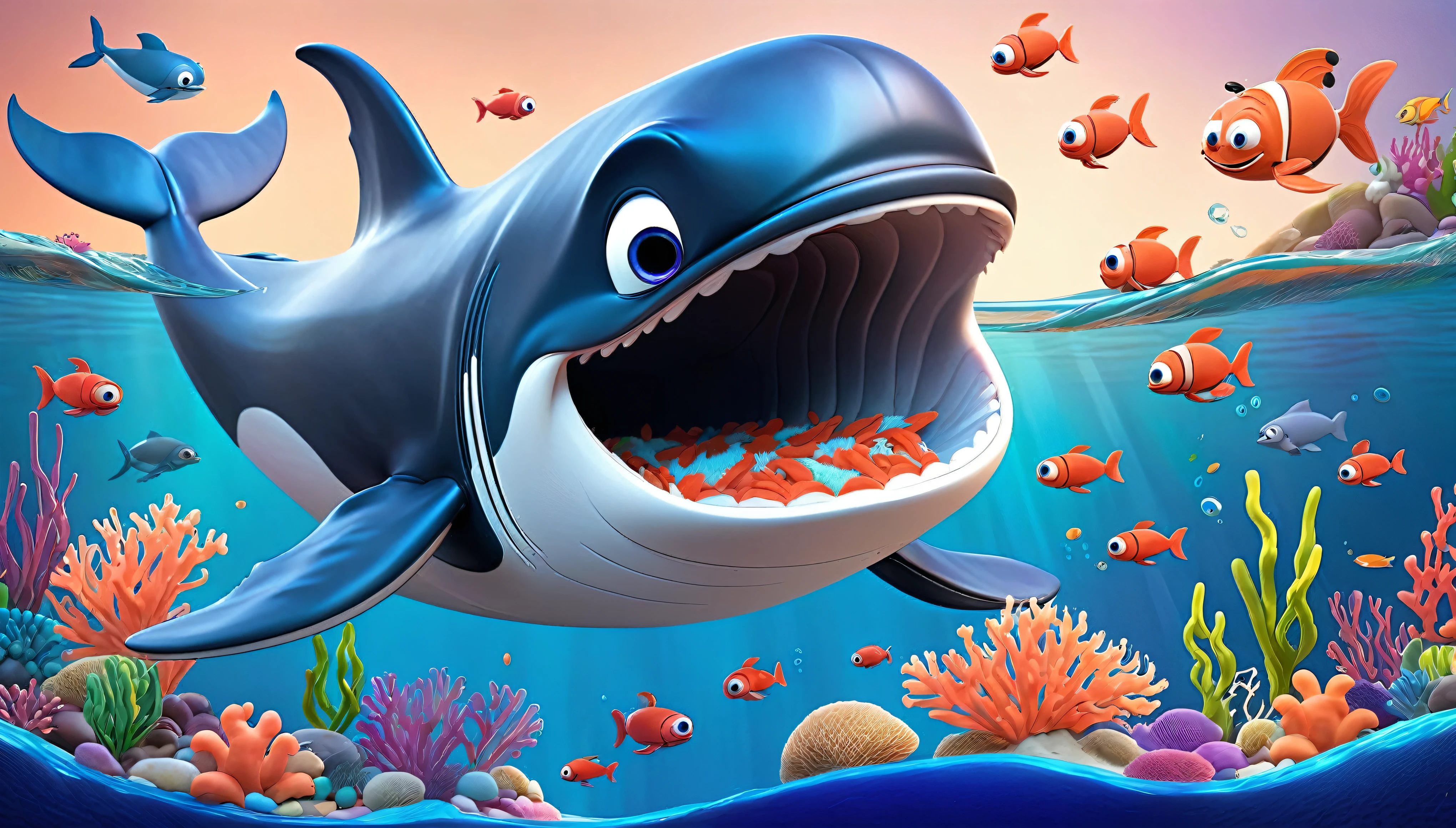 Create a 3-D Pixar style art scene for kids featuring a whale eating krill with lots of tiny shrimp-like creatures around it. The scene should be colorful and vibrant, with an ocean background, coral reefs, and schools of fish. The overall mood should be engaging and inviting for young children.