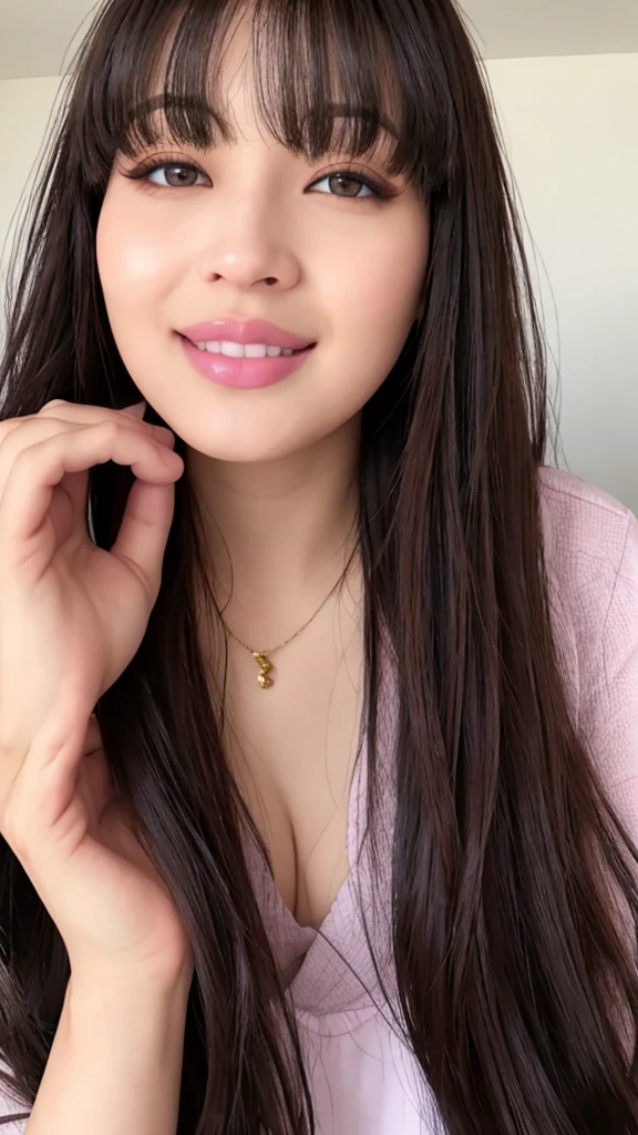 Beauty, Mystical Eyes、Big 、Super sexy、Pale skin、Shiny Hair、Super long hair、Loose and fluffy perm、Brown Hair、Are fat、fat、smile、Heavy makeup、Pink lipstick、Thick lipoisturized lips、Plump、Voluptuous、Indian、looking at the camera、Has bangs、Bangs fall on the forehead、I'm rubbing my breasts、blue sky、White cloud、Pool