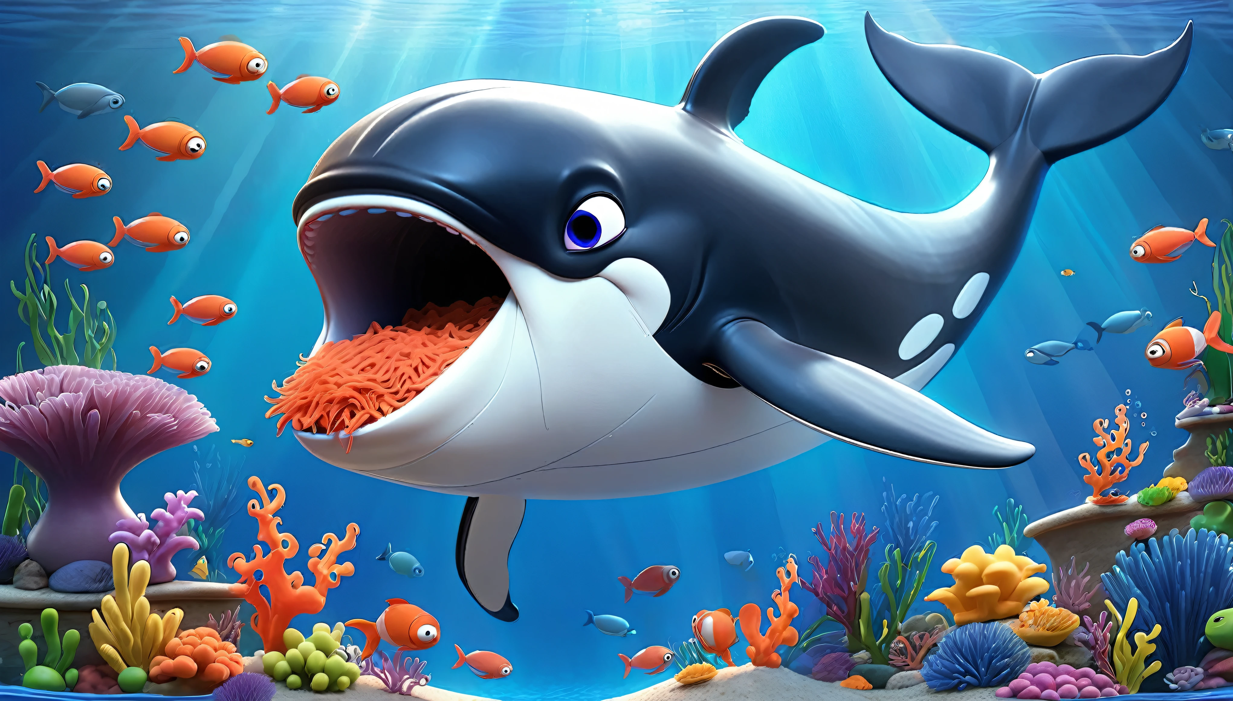 Create a 3-D Pixar style art scene for kids featuring a whale eating krill with lots of tiny shrimp-like creatures around it. The scene should be colorful and vibrant, with an ocean background, coral reefs, and schools of fish. The overall mood should be engaging and inviting for  children.