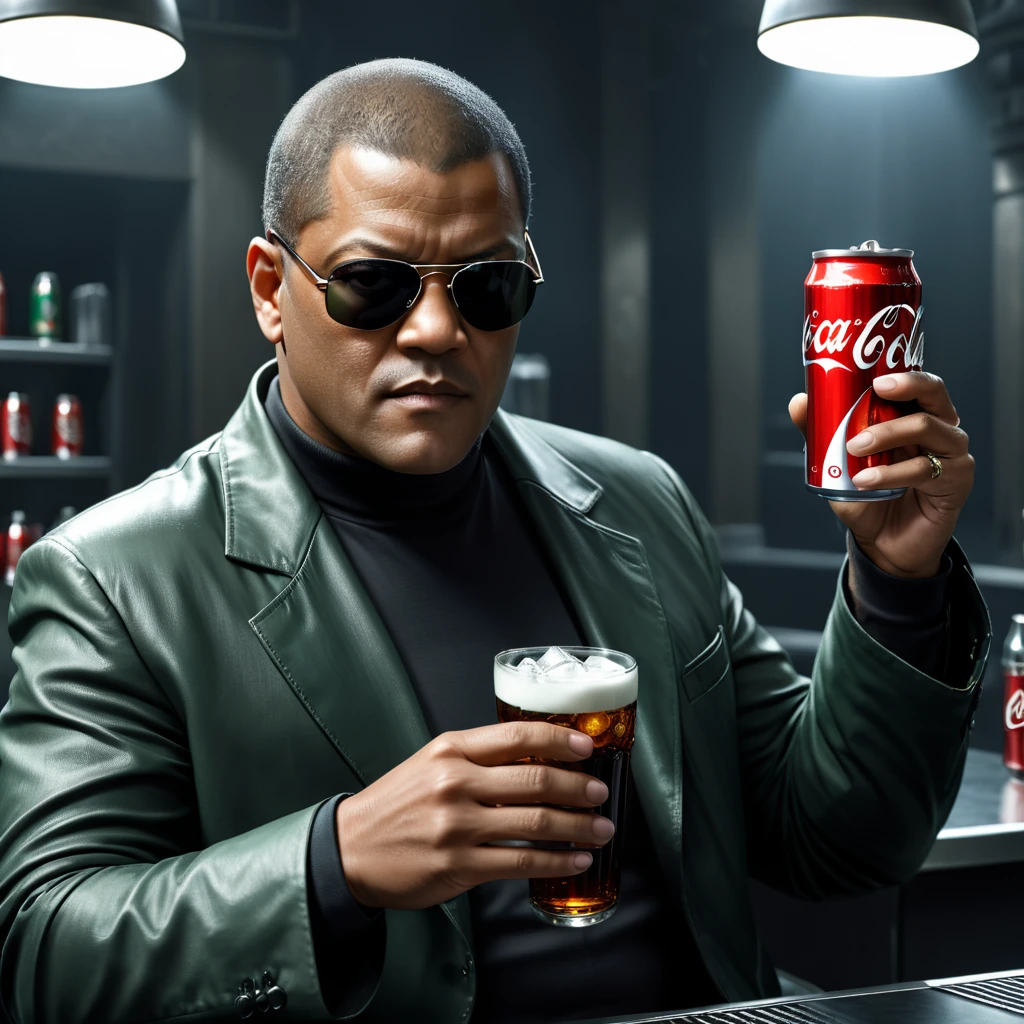 Morpheus presenting a choice of ((two drinks resting on each of his open palms)), can of coca-cola or a can of pepsi, Laurence Fishburne, The Matrix, Reflective glasses,,8K HDR, Studio quality, Cinematic, intense, dramatic,