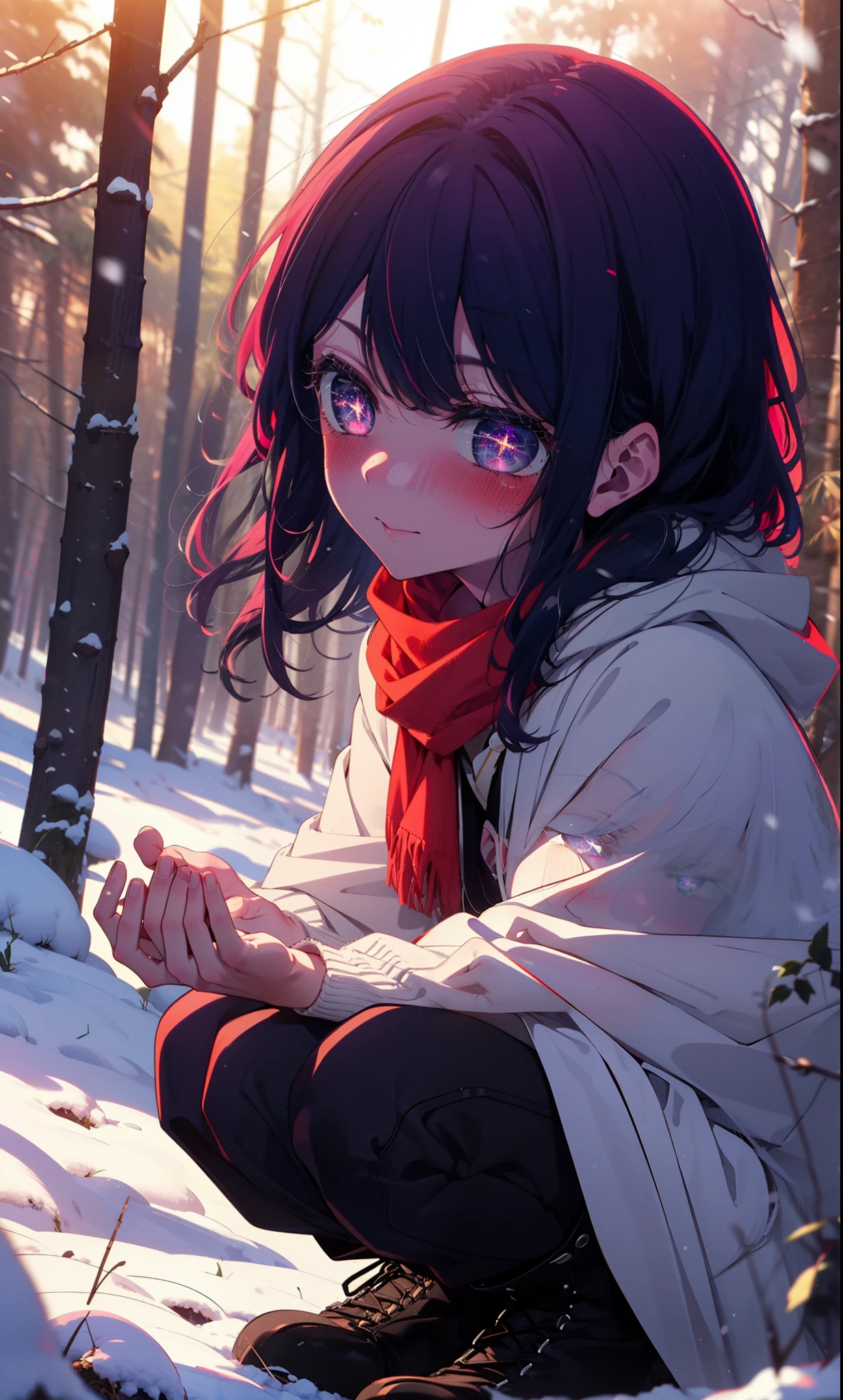 aihoshino, Ai Hoshino, Long Hair, bangs, (Purple eyes:1.1), Purple Hair, (Symbol-shaped pupil:1.5), smile,,smile,blush,White Breath,
Open your mouth,snow,Ground bonfire, Outdoor, boots, snowing, From the side, wood, suitcase, Cape, Blurred, , forest, White handbag, nature, Squat, Mouth closed, Cape, winter, Written boundary depth, Black shoes, red Cape break looking at viewer, Upper Body, whole body, break Outdoor, forest, nature, break (masterpiece:1.2), Highest quality, High resolution, unity 8k wallpaper, (shape:0.8), (Beautiful and beautiful eyes:1.6), Highly detailed face, Perfect lighting, Extremely detailed CG, (Perfect hands, Perfect Anatomy),