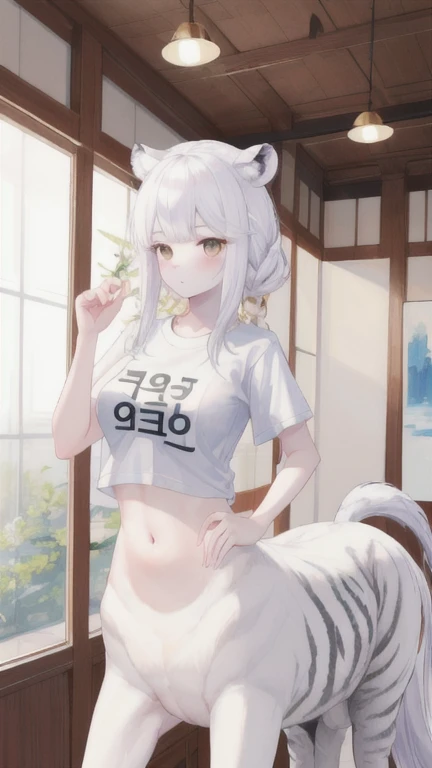 (best quality, masterpiece), 1 girl, centaur, It takes, White skin, Korean , Runners, exposing the abdomen,belly button t-shirt, 아름다운 소녀 perfect white tiger photo, perfect white tiger photo