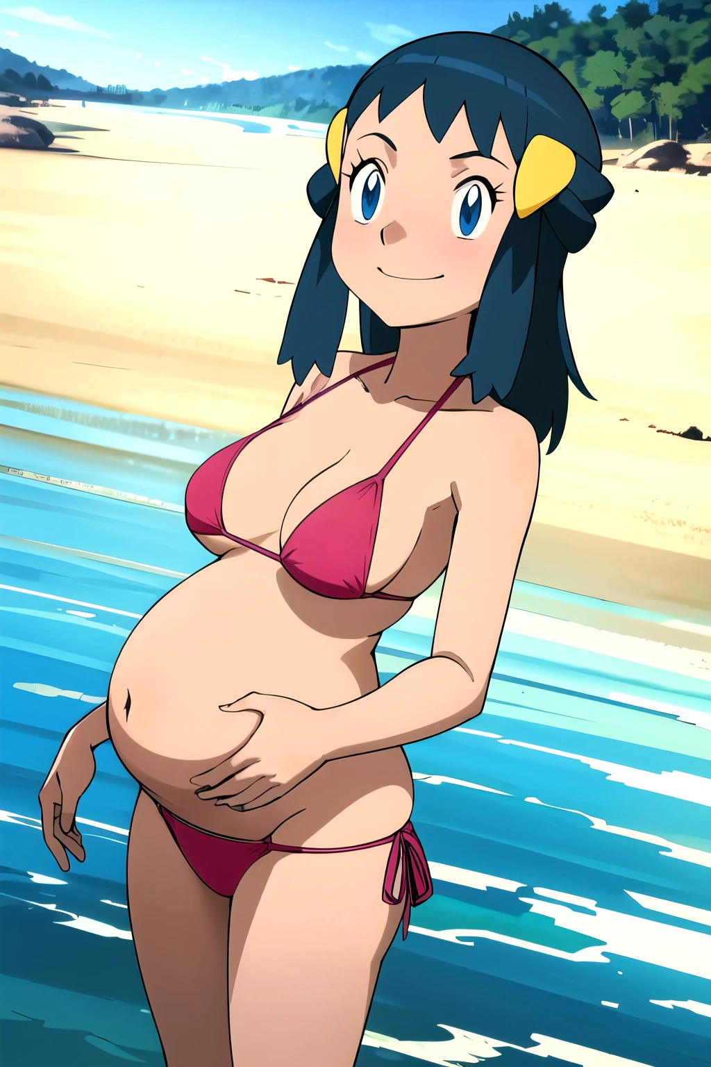 masterpiece, best quality, highres, 1girl, solo, dawn (pokemon), outdoors, bare shoulders, smile, playa, fondo de playa, sonrisa, bikini, microbikini, micro bikini, pink bikini, pregnant, embarazada, vientre de embarazo, barriga de embarazada.