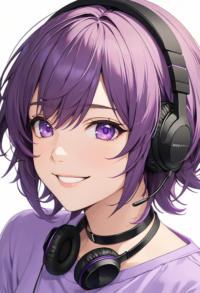 High-resolution anime digital art, Masterpiece, upper body, tomboy, mature, sexy, smart, hair color black, hairstyle short, real detail eyes pupil purple, long purple plain shirt, black chokers, black headphone wireless, Happy face (simple background, white background)
